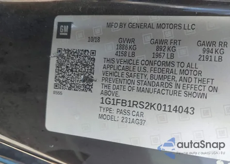 2019 Chevrolet Camaro 1Lt из США, поврежденный, VIN 1G1FB1RS2K0114043